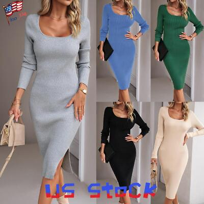 #ad Women Long Sleeve Party Midi Dress Ladies Sexy Bodycon Ribbed Cocktail Dresses $34.99
