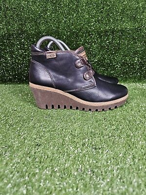 #ad #ad Pikolinos Zafiro amp; Olmo Maple Black Leather Wedge Ankle Boots Womens Size 8 $69.95