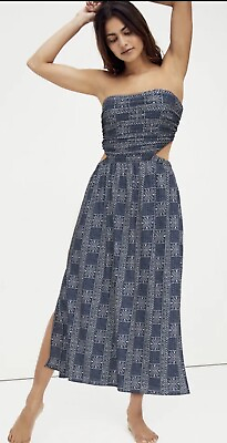 Free People Women Payton Maxi Dress Strapless Blue Printed Dress Size X Small $83.30