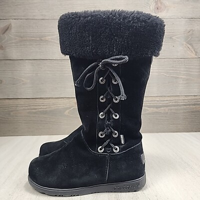 #ad Bearpaw Boots Womans Size 5 Black Suede Sheepskin Lining Mid Calf Zip Closure $32.99