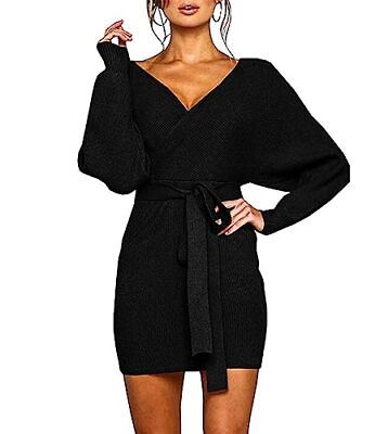 Mansy Womens Cocktail Batwing Long Sleeve Backless Mock Wrap Knit Sweater Mini $8.99