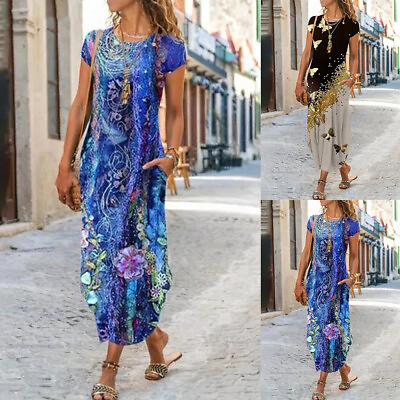 #ad #ad Women Summer Floral Baggy Maxi Long Dress Summer Loose Tunic Kaftan Sundress US $23.19