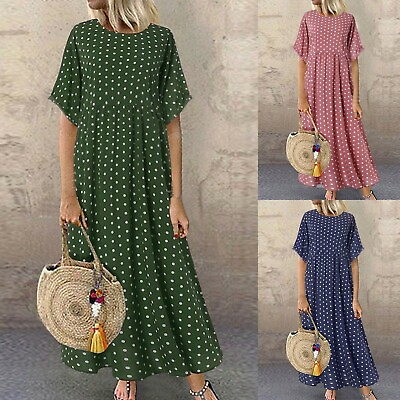 #ad Womens Short Sleeve Polka Dot Long Dress Ladies Baggy Kaftan Maxi Dress Sundress $24.99
