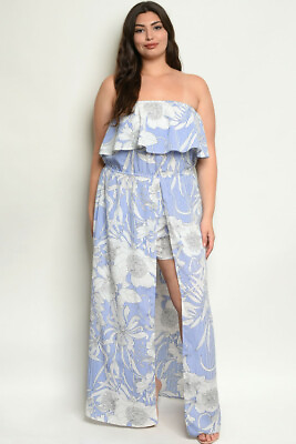 #ad Womens Plus Size Blue Floral Romper Maxi Dress 2XL Strapless Cold Shoulder $29.95