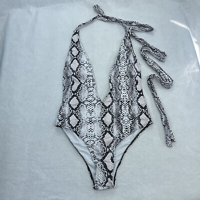 #ad Women#x27;s Basic One Piece Open Back Black White Swimsuits Beach Bikini Size Medium $16.99