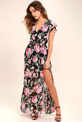 #ad Lulu’s Where Wildflowers Grow Black Floral Print Maxi Dress Size Small Slit $39.00