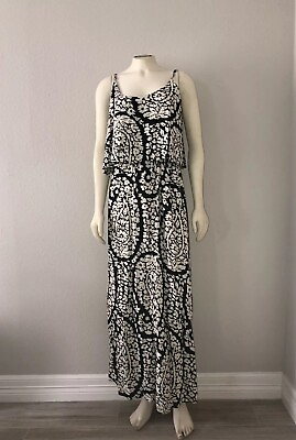 #ad Lucky Brand Floral Maxi Dress White Black Size M Side Slits $29.99