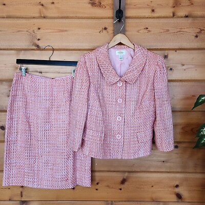 #ad Talbots Pink Tweed Skirt Suit Set Blazer Cap Sleeve Jacket ALine Office Size 10 $39.99