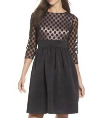 #ad Eliza J Dress Black Polka Dot Mesh Bodice Fit And Flare Holiday Cocktail Size 4 $46.00