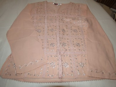 Womens Ladies Live a Little Long sleeve v neck shirt L sequins peach GUC $15.59