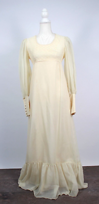 #ad Vtg Women#x27;s 70s Cream Prairie Maxi Dress 1970s Long Gown Sz XS S Candi Jones $99.00