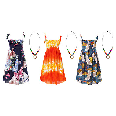 #ad #ad Kids Girls Bohemian Style Beach Dress Necklace Floral 2Pcs Sundress Elastic $12.45