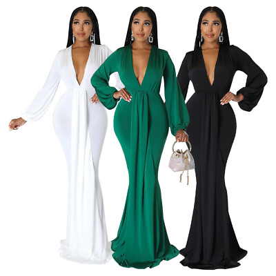 #ad #ad New Stylish Women V Neck Long Sleeves Solid Bodycon Evening Party Maxi Dress $38.92