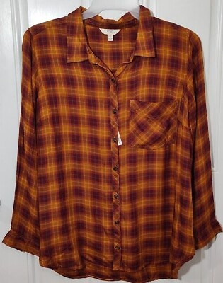 #ad #ad Terra amp; Sky Women#x27;s Plus Size Sandlewood Plaid Button Lightweight Woven Top $14.85