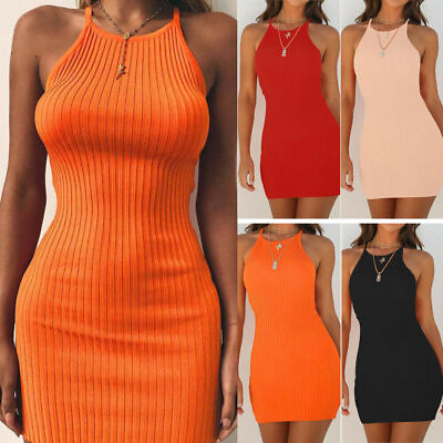 Summer Women Ribbed Bodycon Mini Dresses Ladies Strappy Clubwear Party Dress $13.99