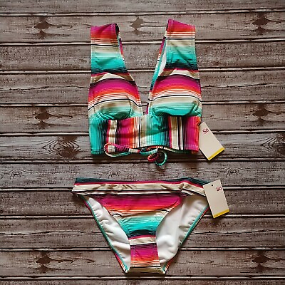 #ad Junior#x27;s Size Small 2 Piece Bikini Set Swimwear Bold Stripes NEW $20.80