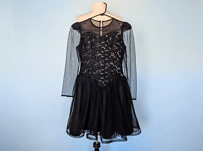 Vintage 80s Black Sequin and Lace Prom Dress 1980s Black Cocktail Mini Dress $58.00
