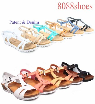 Women#x27;s Cute Summer White Sole T Strap Low Wedge Flat Sandal Shoes Size 5 11 $15.29