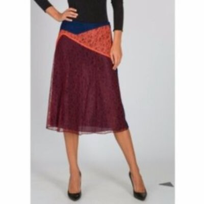 #ad Tory Burch KAISA Blue Cranberry Apricot Colorblock Lace Skirt. Size 10. EUC $85.00