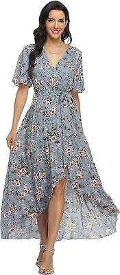 #ad VintageClothing Women#x27;s Wrap V Neck Floral Summer Dresses High Low Maxi Casual $81.75