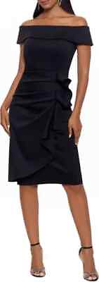 #ad Xscape Black Ruffle Off the Shoulder Scuba Cocktail Dress Size 14W $208 $98.98