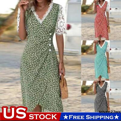 #ad Women#x27;s Lace V Neck Summer Midi Dress Button Casual Holiday Beach Party Dresses $21.69