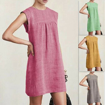 Womens Solid Color Cotton Linen Sleeveless Round Neck Loose Casual Summer Dress $27.12
