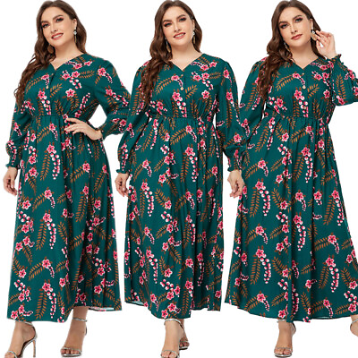 Islamic Women Floral Long Sleeve Maxi Dress Casual Abaya Loose Kaftan Party Gown $26.59