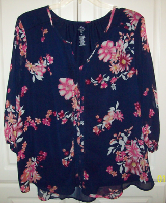 #ad St. Johns Bay Womens Plus Size 2X Pink Floral amp; Navy V neck Top 3 4 Sleeve LINED $15.99