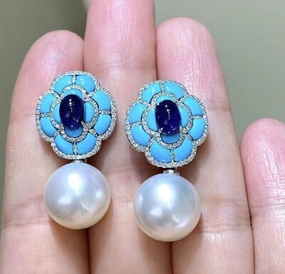 #ad Magnificent Pearl Dangle Earrings Turquoise Flower Blue Cocktail Jewelry 925 $362.00
