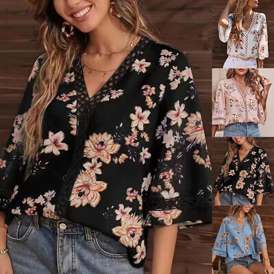 #ad Womens Boho Floral V Neck Lace Blouse Tops Ladies Summer Casual Loose T Shirt US $16.99