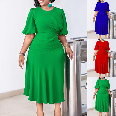 #ad Womens Plus Size Pleated Midi Dress Ladies Short Sleeve Summer Holiday Sundress $24.45