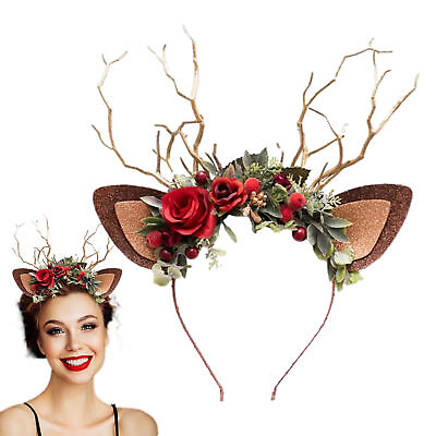 #ad Women Girls Christmas Reindeer Deer Antler Costume Ear Party Hair Headband Prop $13.49