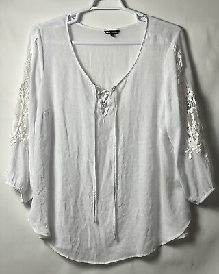 #ad Unique Spectrum Ladies White Top. Size 3X With Crochet In Sleeves $14.99
