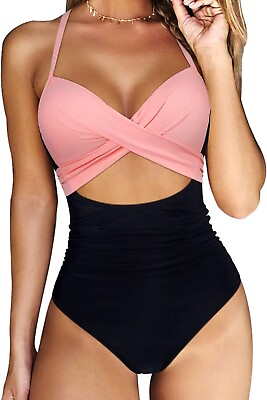 women#x27;s one piece pink black swimsuit size M. Push Up. abdomen control $25.00