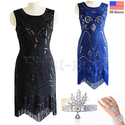 1920s Dress Flapper Gatsby Beaded Sequins Fringe Prom Gown Vintage Party Dresses $16.99