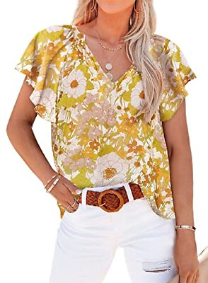 #ad #ad Women#x27;s Casual Boho Floral Print V Neck Long Sleeve Large 3 Floral Yellow $36.58