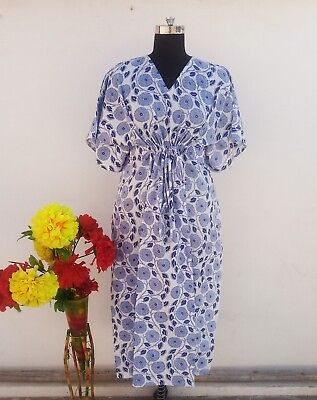 #ad India Blue White Floral Kaftan Summer Bikini Cover Up Maxi Beach Kimonos Dresses $24.26