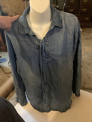 #ad Workshop Republic Tencel Blue Denim Shirt Pullover Boho Lace Up Tie Front Sz L $11.99