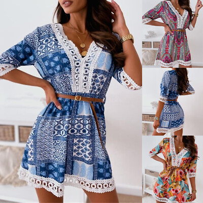 #ad Women#x27;s Boho V Neck Lace Floral Mini Dress Ladies Summer Beach Holiday Sundress $18.99