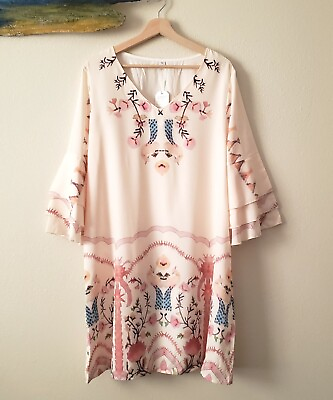 #ad Beautiful Boho Chic Bell Sleeve Dress XL Soft Pink Floral amp; Birds Print A Line $39.80