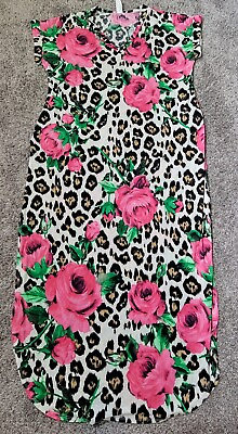 #ad Lilypad sz Small Dress Leopard Print Pink Roses Maxi Short Sleeve Pockets Slinky $9.95