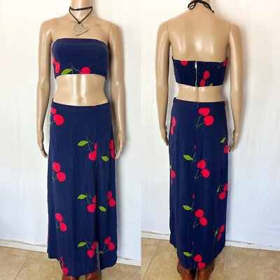 #ad Cherry Print Two Piece Skirt and Top Set Size Medium $38.00
