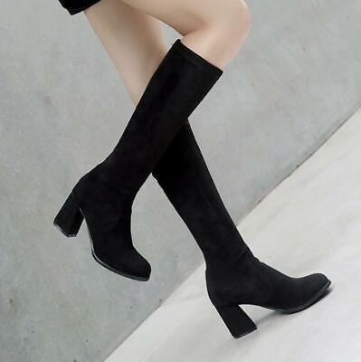 Women Knee High Boots Block Heel Round Toe Faux Suede Stretchy Knight Boots $36.29