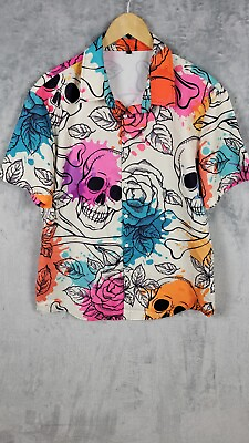 Loud Party Shirt Men#x27;s Large Button Up Skull Floral Hawaiian $21.59
