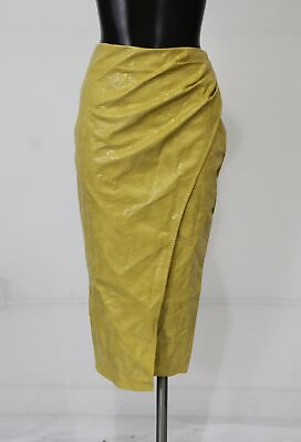 #ad Shary Women#x27;s Daring Zip Close Split Hem Leather Midi Skirt LC7 Yellow Small NWT $22.39