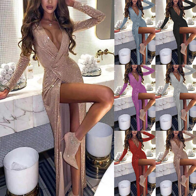 #ad Womens Deep V Neck Sequin Dress Ladies Holiday Evening Party Long Maxi Dresses $19.24