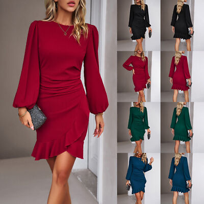 #ad Womens Puff Long Sleeve Bodycon Ladies Party Cocktail Evening Ruffle Mini Dress $22.99
