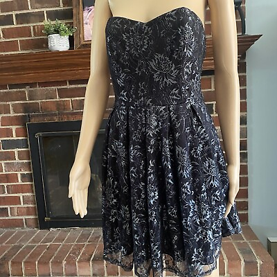 #ad Forever 21 Women’s Shiny Lace Sweetheart Mini Dress size M Black pre owned $15.99