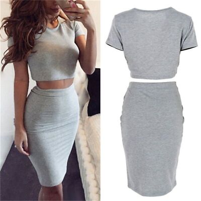 #ad Summer Short Sleeve Top Club Skirt Two Piece Outfits Women Sexy Midi Skirts $25.35